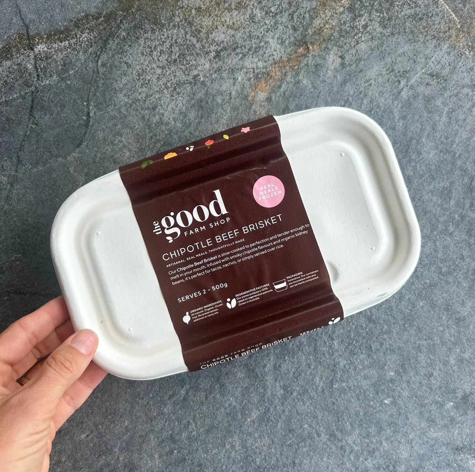 The Good Farm Shop chipotle beef brisket frozen meal, serves two, compostable packaging