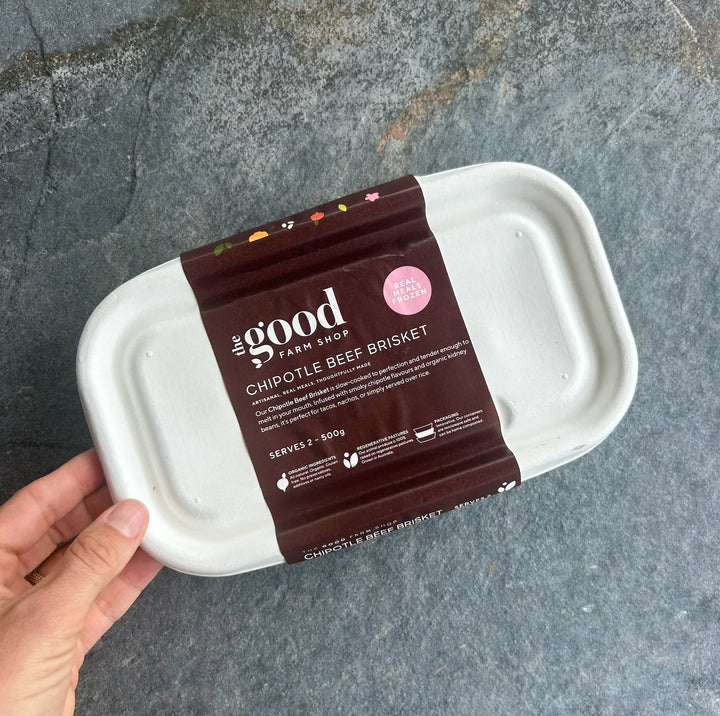 The Good Farm Shop chipotle beef brisket frozen meal, serves two, compostable packaging