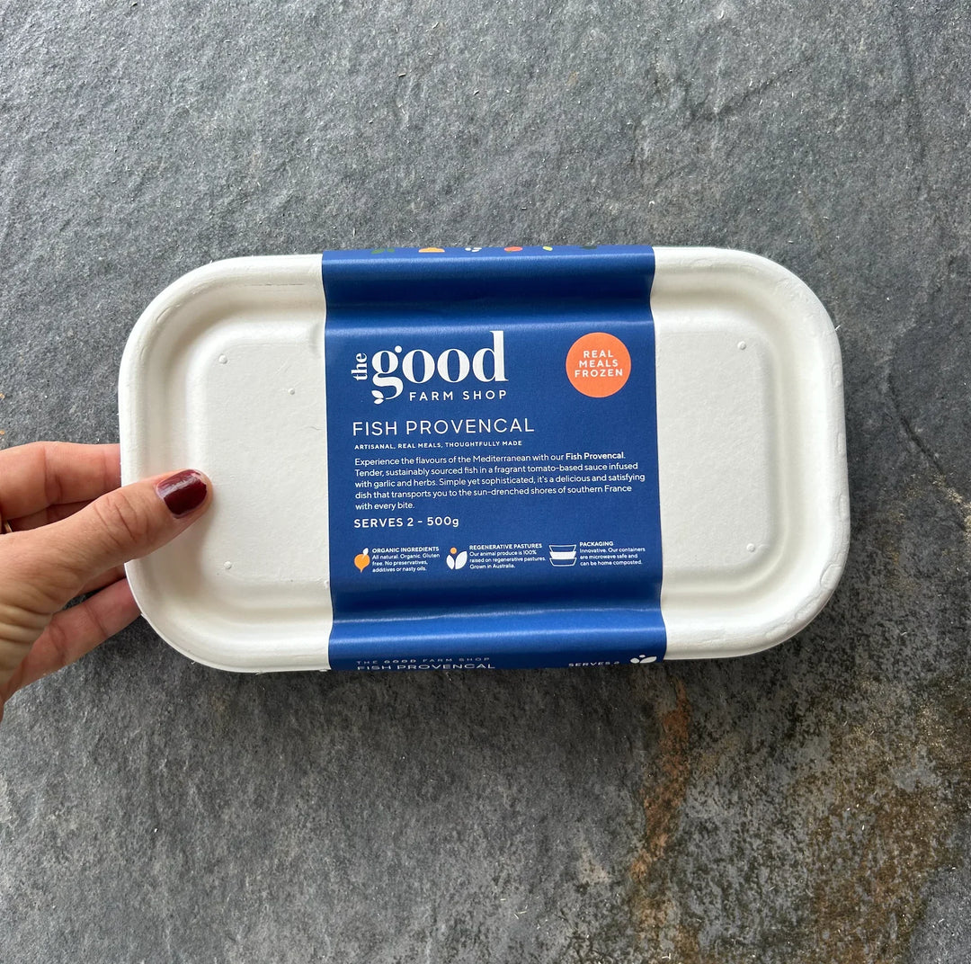 Fish Provencal frozen meal by The Good Farm Shop in eco-friendly tray