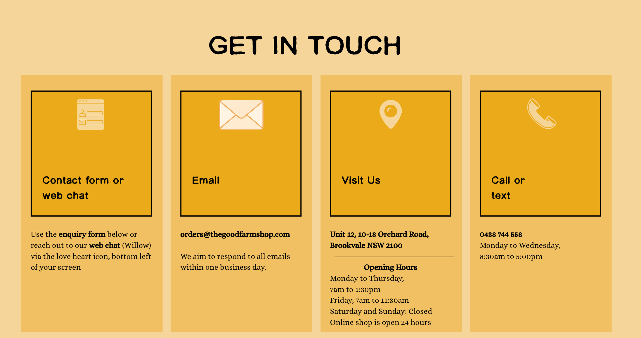 Contact information layout with icons and text on a beige background