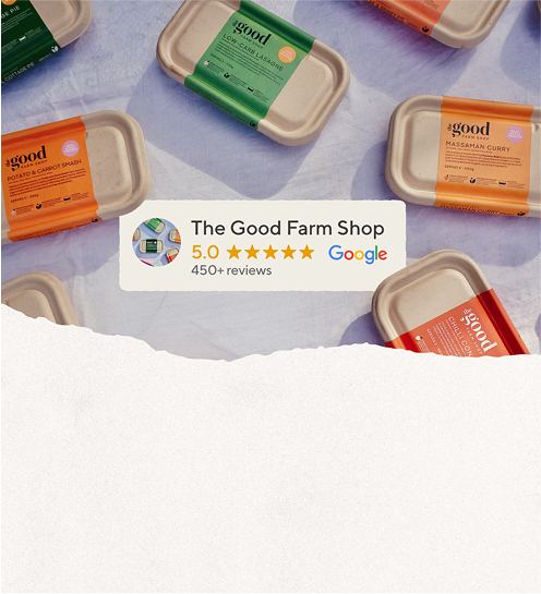 Plastic containers with 'The Good Farm Shop' branding on a light purple background, featuring a Google review badge.