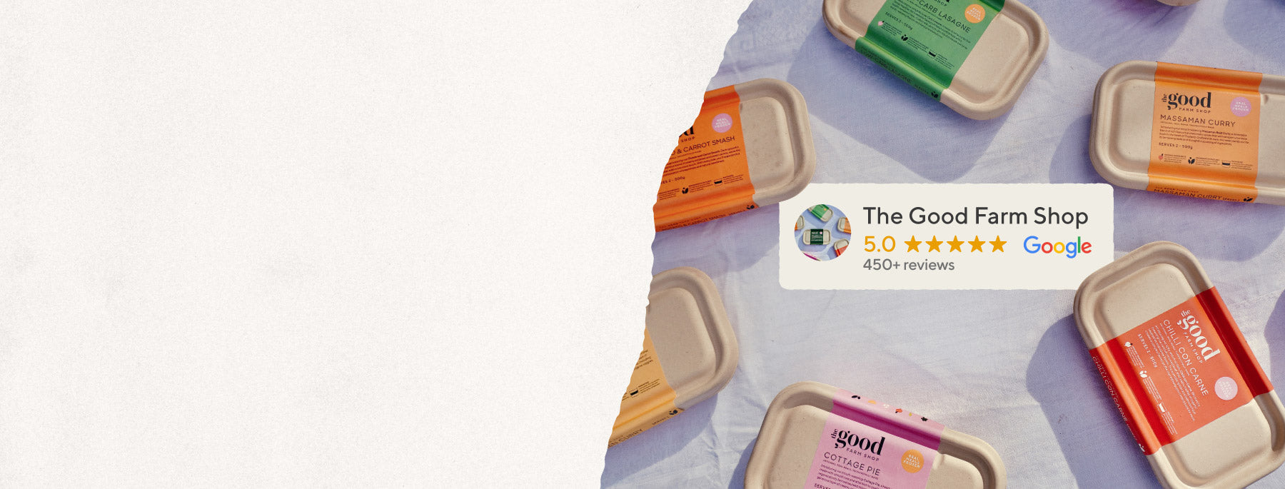 Assorted food containers with 'The Good Farm Shop' logo on a white background