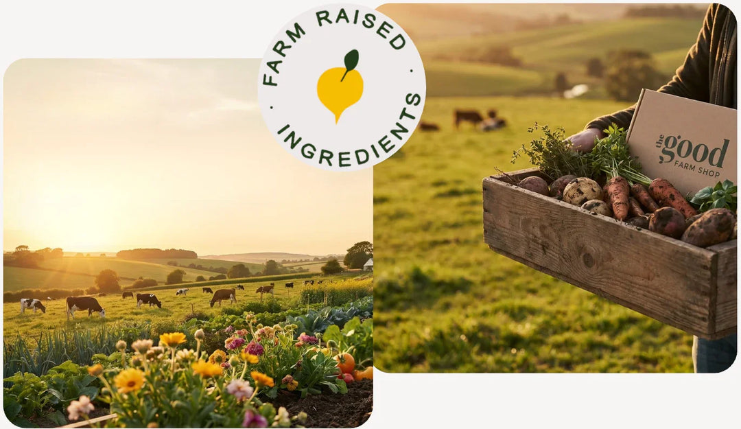 Two images: one of a farm landscape with cows and flowers, the other of a person holding a box of freshly farmed vegetables with 'Farm Raised Ingredients' logo.